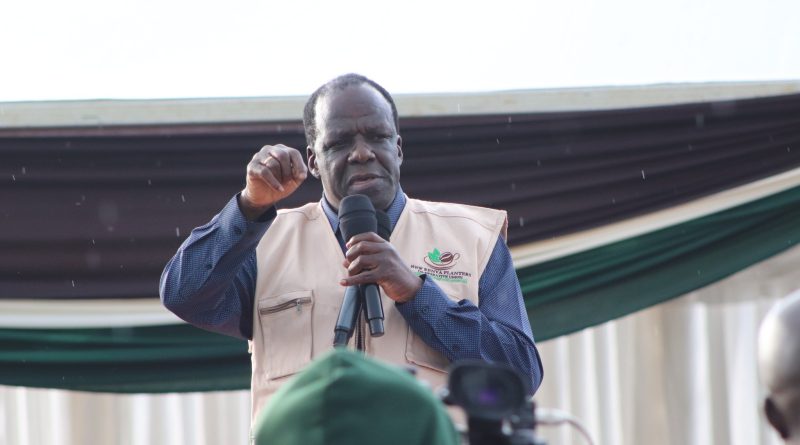 Cabinet Secretary Cooperatives and MSMEs Development, Hon. Wycliffe A. Oparanya, EGH, addresses stakeholders when he toured Musese and Chesikaki Coffee Mills in Bungoma County. PHOTO/COURTESY