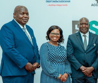 ACCOSCA Board Chairperson Madam Jeanette Makgolo (ADE, DEEU), (c) is joined by ACCOSCA Executive Director Mr. George Ombado and ACCOSCA Board Vice Chairperson Mr. David Mategwa. PHOTO/COURTESY